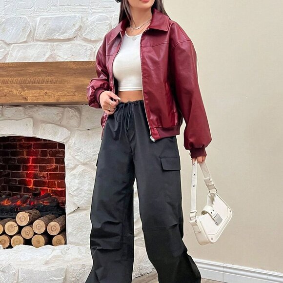 Burgundy Casual Women's Drop Shoulder Long Sleeve Zip Up Red Pu Leather Jacket - Picture 4 of 6